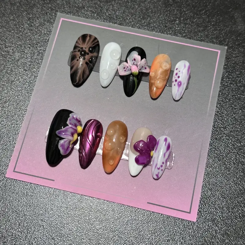 3D Floral Gel Nail Art Press-on Handmade Press on Nails - Image 4