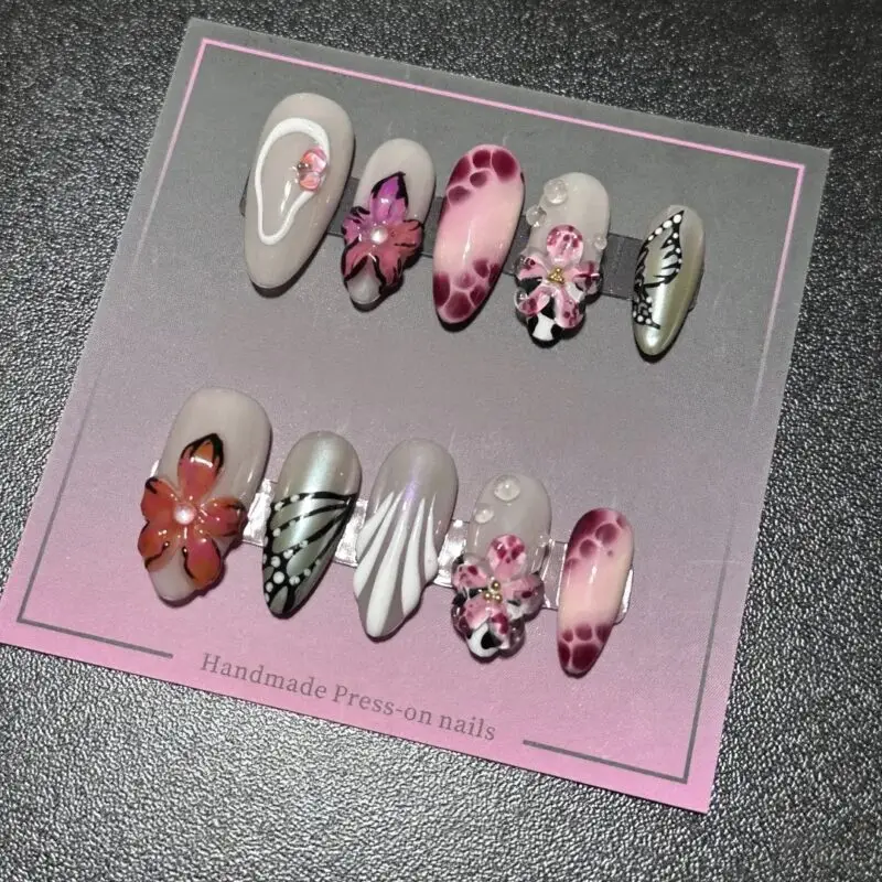 3D Floral Gel Nail Art Press-on Handmade Press on Nails - Image 4