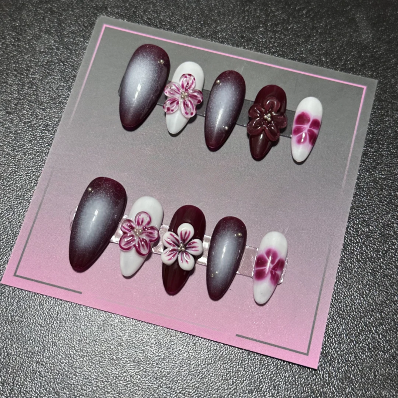 3D Floral Gel Nail Art Press-on Handmade Press on Nails - Image 3